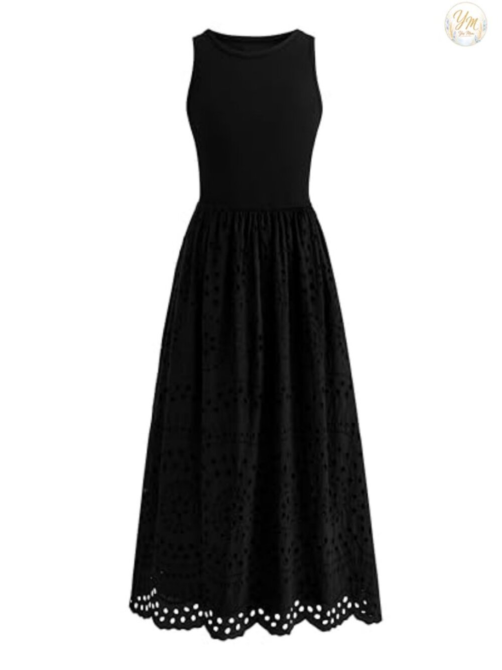Women's Sleeveless Lace Eyelet Cotton Maxi Dress with Pockets